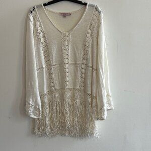 Calypso St. Barth Linen Tunic Boho Crochet Fringe | Small